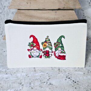 NEW SMALL CANVAS ZIPPER POUCH, COSMETIC BAG, DECORATIVE CHRISTMAS GNOMES 8"